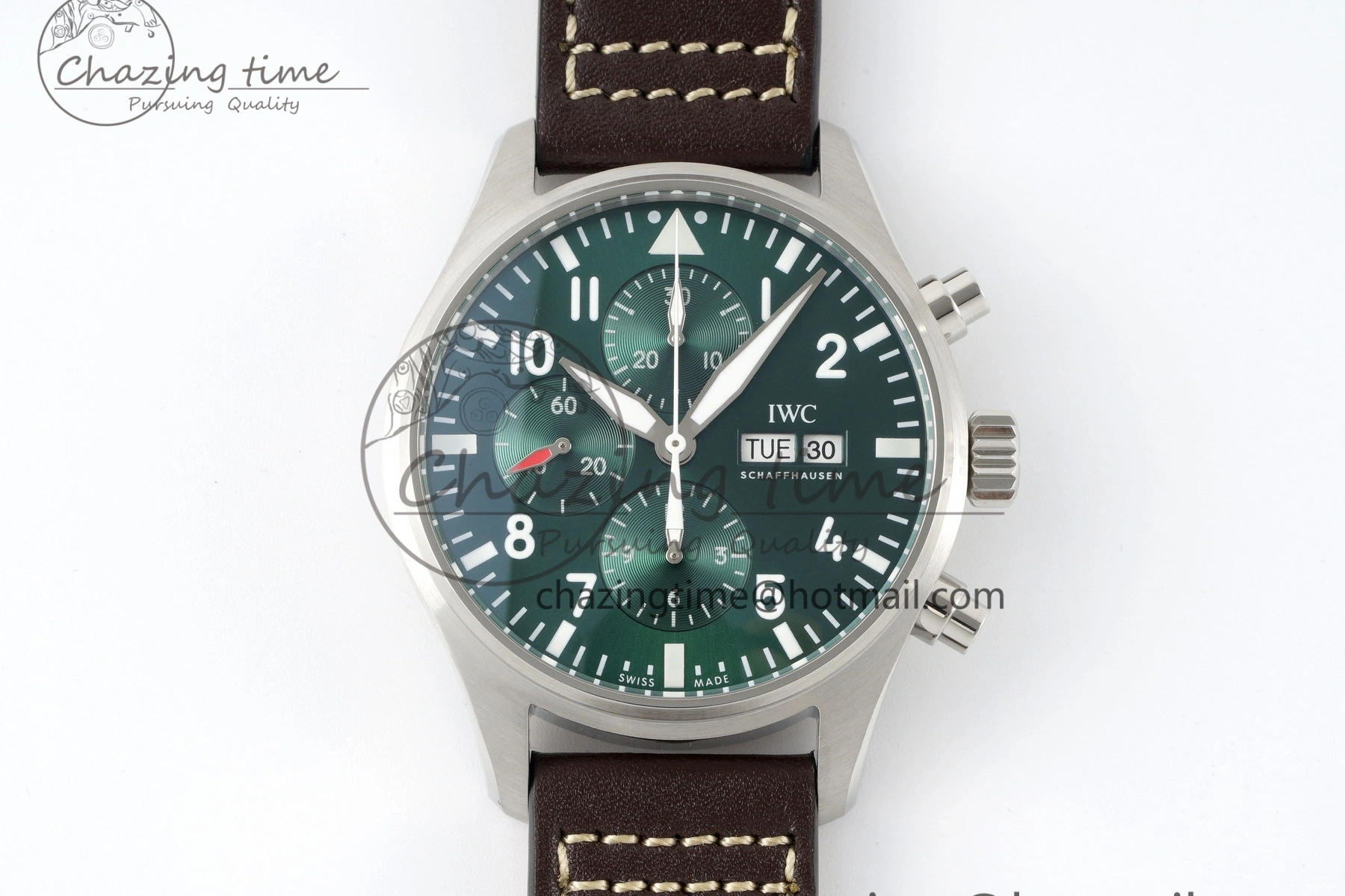 MIROTIME 0326 Bright Pilot Chrono SS AZF 1:1 Best Edition Green Dial on Brown Leather Strap A 7059